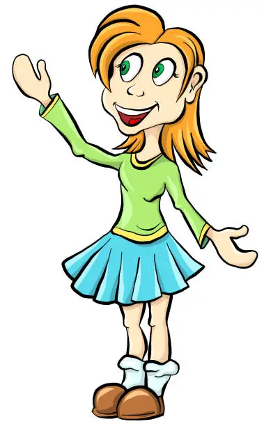 Vector illustration of Vector cartoon girl. Character girl smiling. Cartoon happy girl showing something
