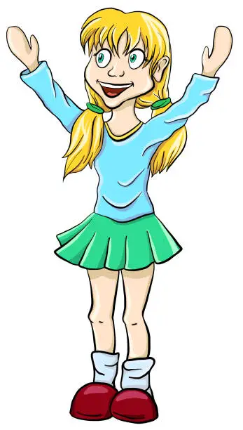 Vector illustration of Vector cartoon girl. Character girl smiling with hands up. Cartoon happy cheerful blond girl