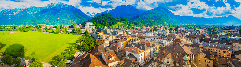 Panoramic view of the city of Interlaken in Switzerland Lakeside village and Alps Which is very popular with tourists, Panorama images of Swiss cities