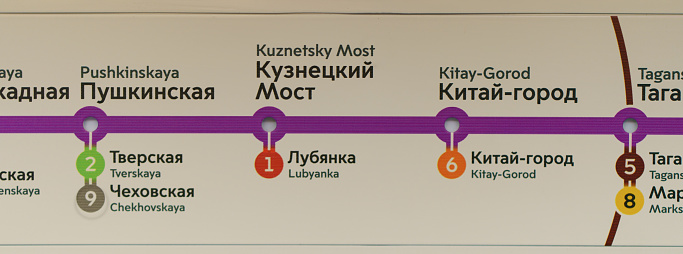 Moscow, Russia - October 29, 2019: Photography of Moscow metro scheme inside of train, Tagansko-Krasnopresnenskaya line (Pushkinskaya, Kuznetsky Most, Kitay-Gorod st). Concepts of urban transportation