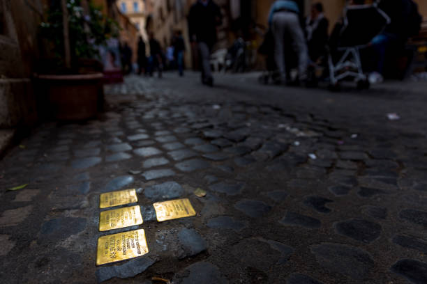 Rome, Italy - april 23, 2016: Stolpersteine in Jewish ghetto, in Rome, Italy