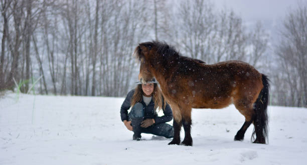 a menina com os cavalos na fazenda - horse inside of mountain snow - fotografias e filmes do acervo