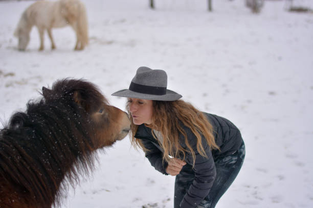 a menina beija o cavalo - horse inside of mountain snow - fotografias e filmes do acervo