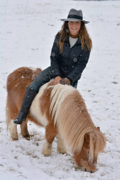 a menina com os cavalos na fazenda - horse inside of mountain snow - fotografias e filmes do acervo