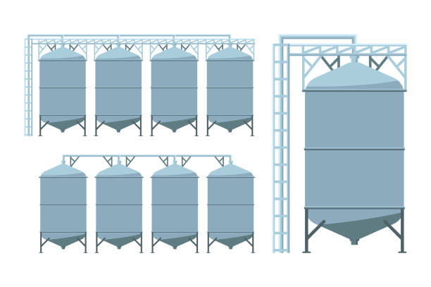 landwirtschaft getreidesilos. agro-produktionsanlage zur verarbeitung der trocknungsreinigung und lagerung von landwirtschaftlichen erzeugnissen, mehl, getreide und getreide. vektor-illustration. - silo tank stock-grafiken, -clipart, -cartoons und -symbole