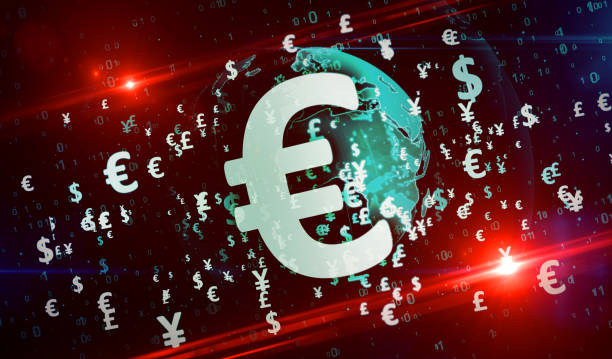 istock Money symbols on digital globe background 1212524659