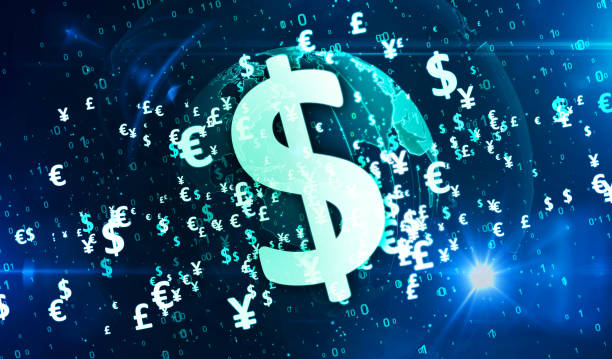 istock Money symbols on digital globe background 1212524760