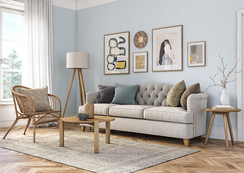 Bohemian living room interior 3d render with  beige colored furniture and wooden elements and light blue colored wall