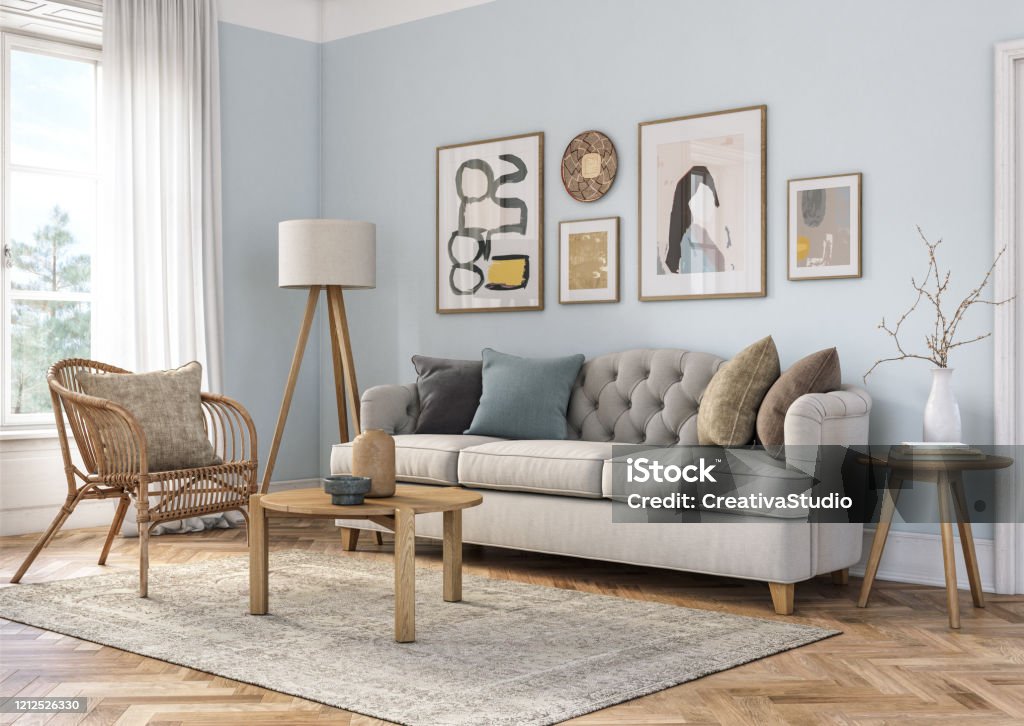 Bohemian living room interior - 3d render Bohemian living room interior 3d render with  beige colored furniture and wooden elements and light blue colored wall Living Room Stock Photo