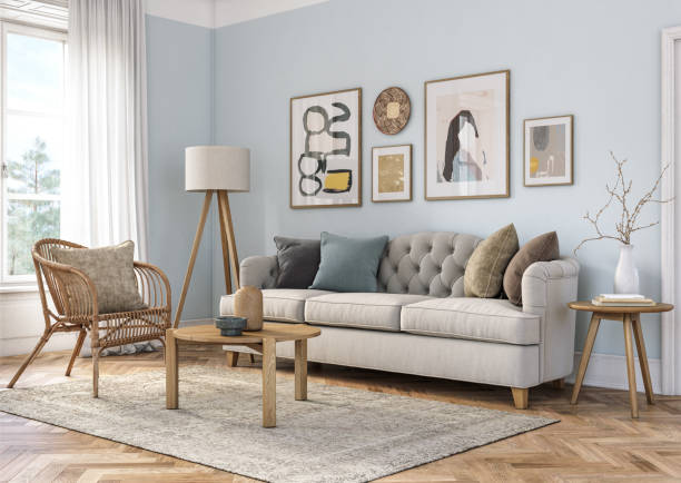 Bohemian living room interior - 3d render Bohemian living room interior 3d render with beige colored furniture and wooden elements and light blue colored wall modern furniture stock pictures, royalty-free photos & images
