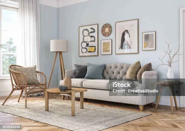 Bohemian Living Room Interior 3d Render Stock Photo - Download Image Now - Living Room, Home Interior, Domestic Life