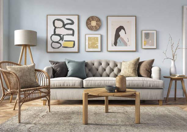 보헤미안 거실 인테리어 - 3d 렌더 - decor vase furniture living room 뉴스 사진 이미지