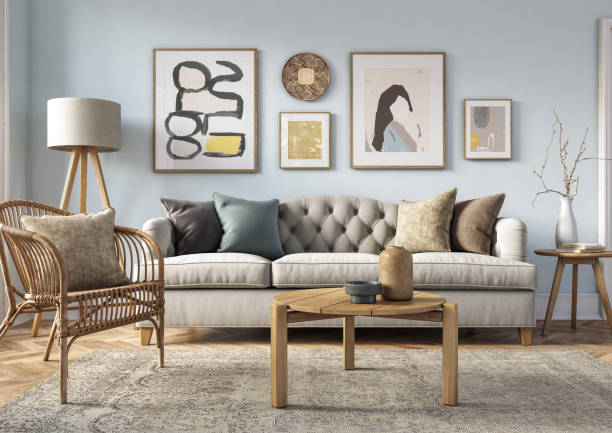 Bohemian living room interior - 3d render Bohemian living room interior 3d render with beige colored furniture and wooden elements and light blue colored wall Coffee Table stock pictures, royalty-free photos & images