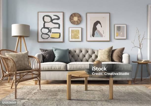 Bohemian Living Room Interior 3d Render Stock Photo - Download Image Now - Living Room, Home Decor, Home Interior