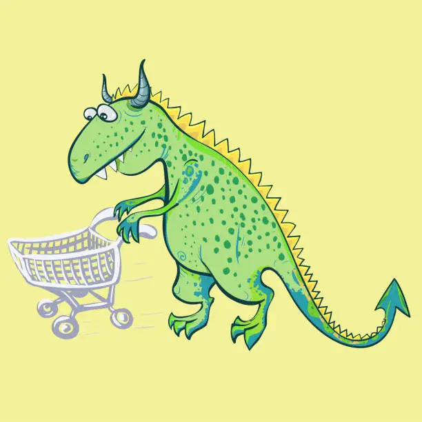 Vector illustration of The dinosaur is fabulous - a children's toy. Dinosaur with a stroller