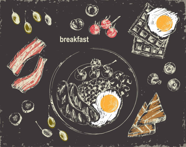 손으로 그린 분필 아침 식사 메뉴 일러스트 - waffle sausage breakfast food stock illustrations
