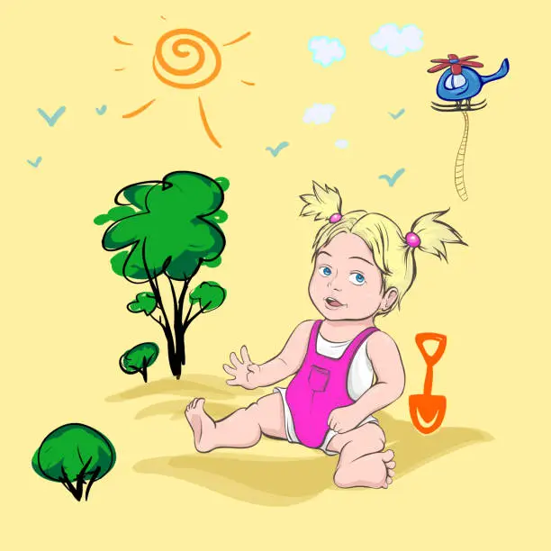 Vector illustration of Fairytale, stylized landscape with a child sitting on the sand, toys and a flying fairytale helicopter