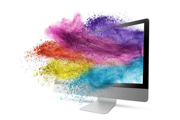 salpicadura de polvo multicolor del monitor de la computadora en un blanco. - visual screen fotografías e imágenes de stock