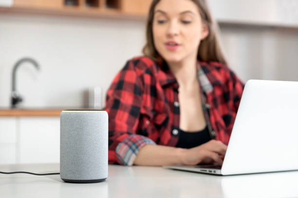 Woman talking to smart speaker. Smart home.