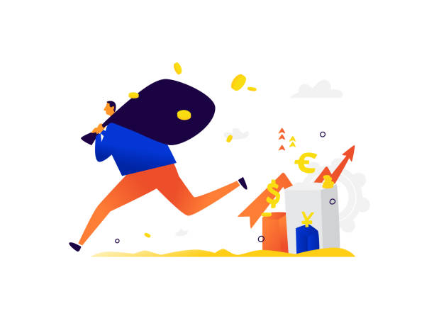 ilustrações de stock, clip art, desenhos animados e ícones de illustration of a little man running away with investor income. the thief stole the capital. vector. metaphor. the rise and fall of foreign exchange assets. stocks and bonds generate income. flat illustration. - employee theft