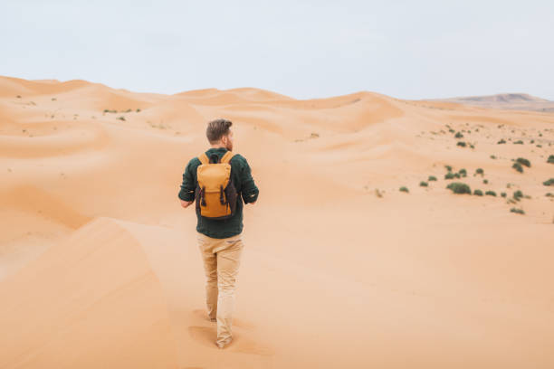 istock Man backpacker travel in Morocco, Sahara desert.  Explore african nature, sand dunes around. View from behind. 1212530888