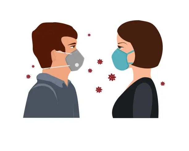 Vector illustration of COVID-19, 2019-nCoV concept. Woman and man with medical face masks. Stop coronavirus, vector illustration