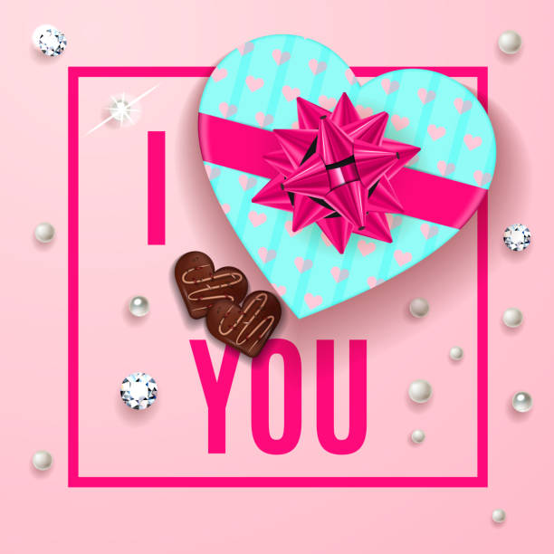 illustrations, cliparts, dessins animés et icônes de je t’aime carte de vœux rose. bonne saint-valentin célébrer bannière. conception romantique avec boîte cadeau de chocolat dans la forme de coeur avec des bonbons, des perles et des diamants. illustration de vecteur - candy heart candy i love you heart shape