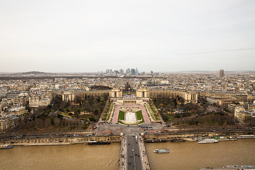 Aerial view of Paris city and Seine river from Eiffel Tower.