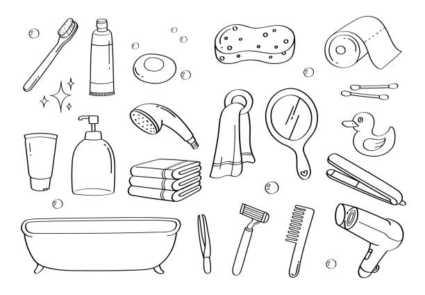 ilustrações, clipart, desenhos animados e ícones de bonito doodle acessórios de banheiro ícones e objetos. - hygiene bathtub symbol toothbrush