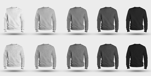 Men's clothing template for design presentation, heather mockup of white, gray and black colors, front view. Empty heather on a body without a man. Sweatshirt set isolated on background