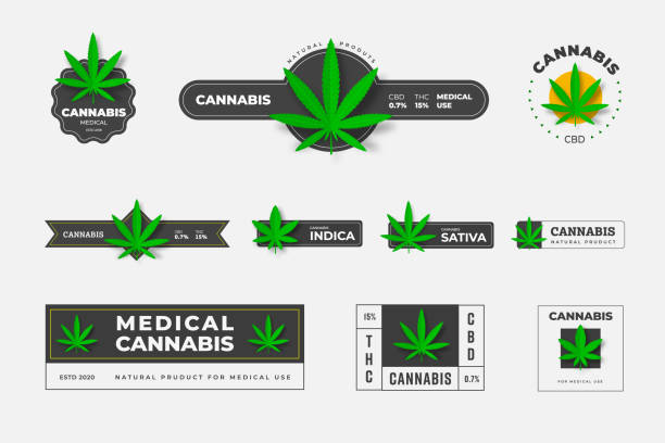 Set of vector logos of organic hemp sbd and thc on a white background. Set of vector logos of organic hemp sbd and thc on a white background. Graphic label template with green leaf of marijuana. Design of badges and emblems of medical indica and sativa cannabis-sativa stock illustrations