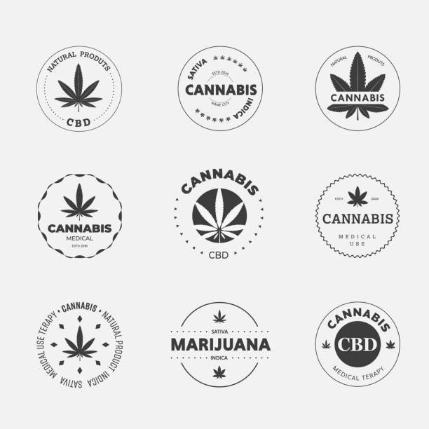 Graphic linear logo on a white background with sativa and indica cannabis leaf. Graphic linear logo on a white background with sativa and indica cannabis leaf. Vector label template with organic hemp cbd and thc. Medical Marijuana Emblem Design thc stock illustrations