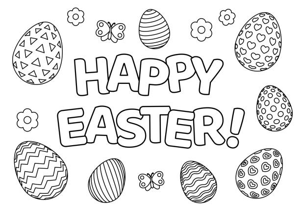 Happy Easter for coloring Happy Easter background with patterned eggs, flowers and butterfly for coloring book page. Vector illustration. coloring book stock illustrations