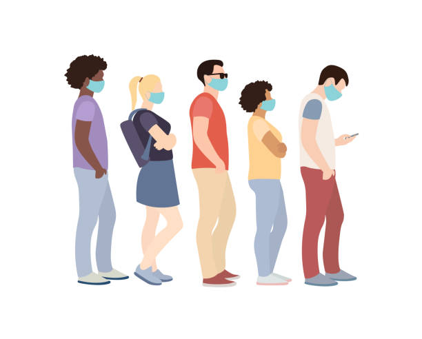 Full length of cartoon sick people in medical masks standing in line against white background Full length of cartoon sick people in medical masks standing in line against white background. waiting in line stock illustrations