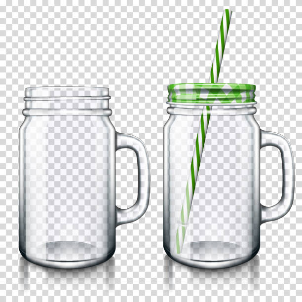 Transparent Mason Jar drinking glass with a handle and lid, isolated. Transparent Mason Jar drinking glass with a handle and lid, isolated. mason jar stock illustrations