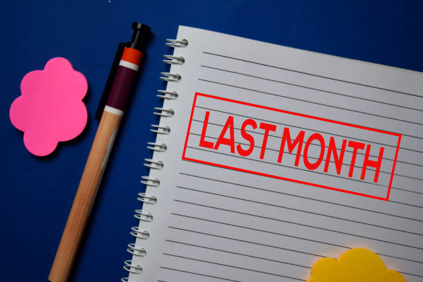 istock Last Month write on a book isolated on blue background. 1212540429