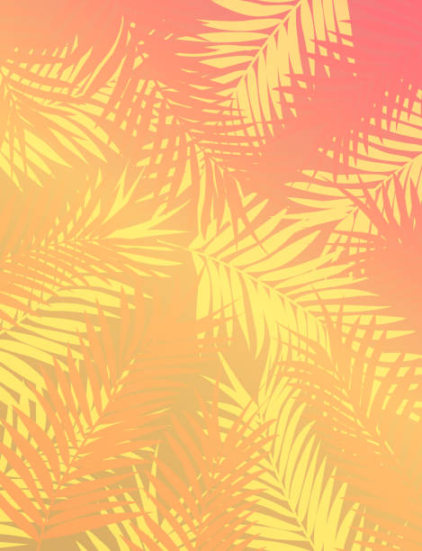Sunset Gradient Background of Tropical Trees and Leaf Foliage in Yellow and Pink Template vector art illustration