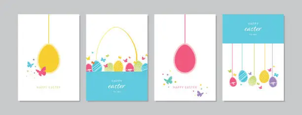 Vector illustration of Easter cards set with hand drawn hangings eggs, butterflies and dots. Doodles and sketches vector vintage illustrations, DIN A6.