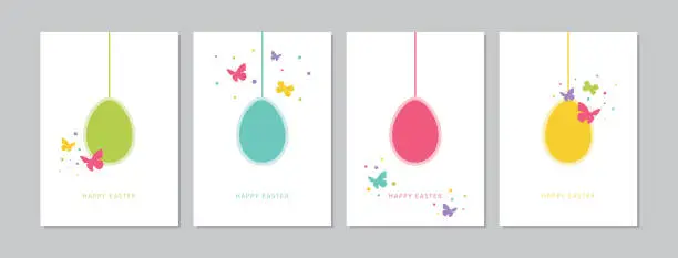 Vector illustration of Easter cards set with hand drawn hangings eggs, butterflies and dots. Doodles and sketches vector vintage illustrations, DIN A6.