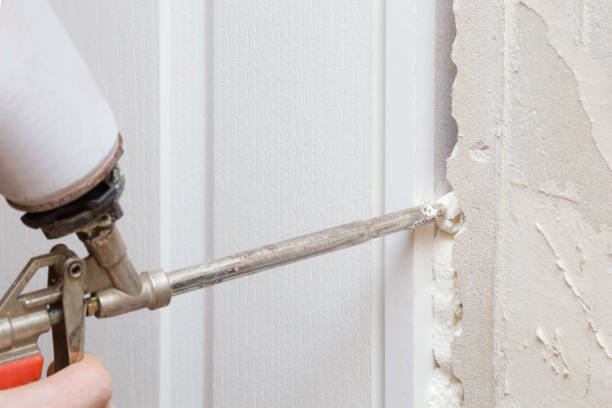 istock Man hands using spray gun and filling gap with construction foam between new door and wall. Closeup. Repair work of home. Renovation process. 1212542941