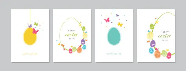 Vector illustration of Easter cards set with hand drawn hangings eggs, butterflies and dots. Doodles and sketches vector vintage illustrations, DIN A6.