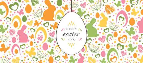 Vector illustration of Easter banner with hand drawn hanging egg greetings, bunnies, butterflies and flowers. Doodles and sketches vector vintage illustrations, DIN A6.