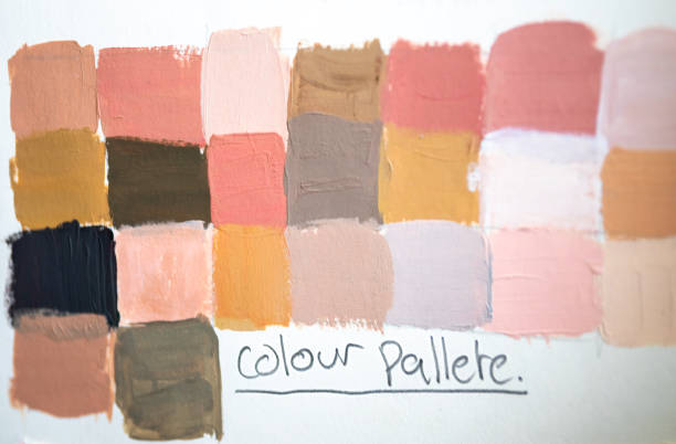 Colour Pallette Sample acrylic colours in browns and beiges used as a colour pallete for A Level Fine Art project. design color swatch painting plan stock pictures, royalty-free photos & images