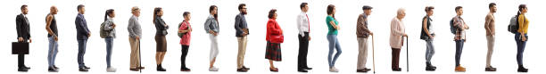 Many young and older people waiting in line Full length profile shot of many young and older people waiting in line isolated on white background man standing profile stock pictures, royalty-free photos & images