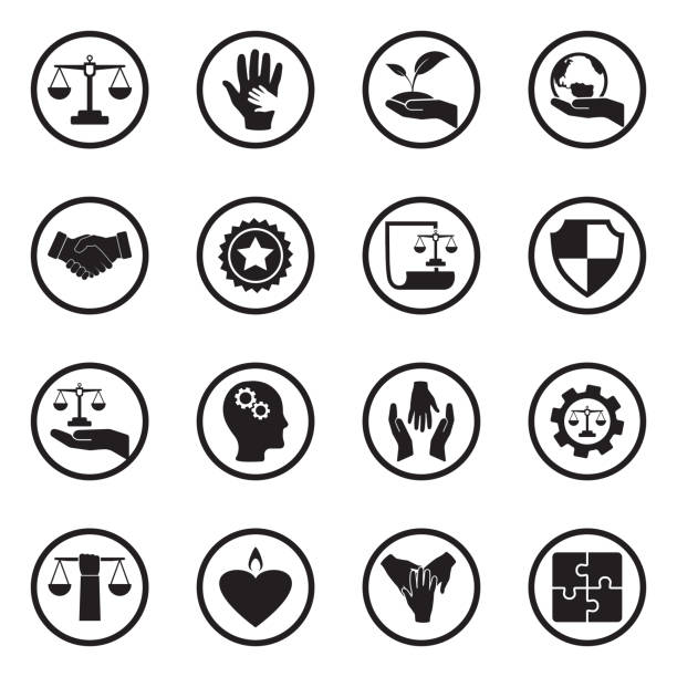 Ethics Icons. Black Flat Design In Circle. Vector Illustration. Honor, Ethics, People, Human humility stock illustrations