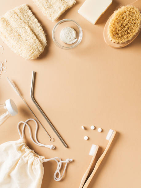 Bath natural accessories and skin care cosmetics, zero waste theme on beige background.