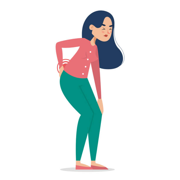Woman feel pain in the back Woman feel pain in the back vector isolated. Young female character suffer from the health problems. Tired lady. back pain stock illustrations