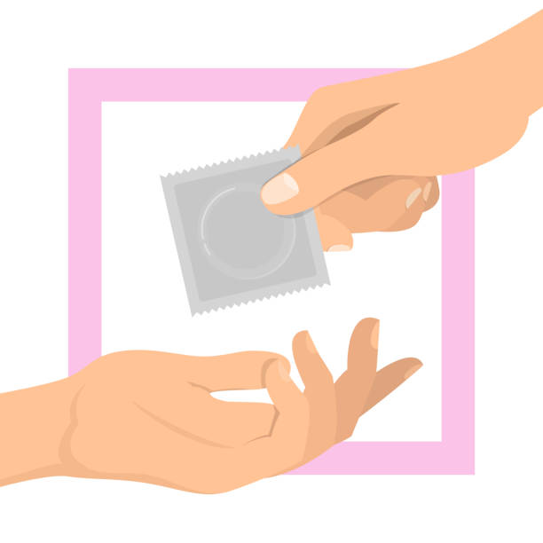 stockillustraties, clipart, cartoons en iconen met hand die condoomvector geïsoleerd geeft - condoom