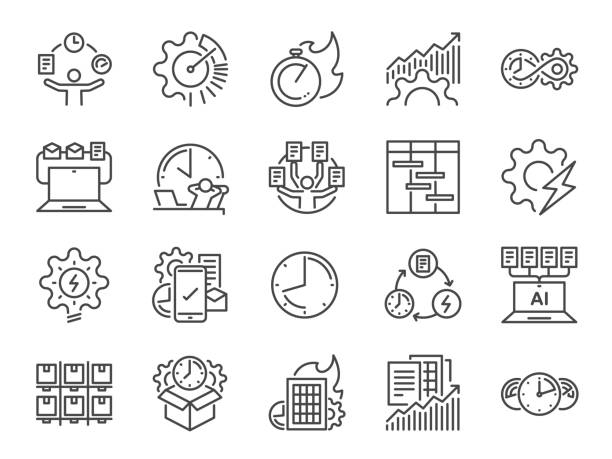 ilustraciones, imágenes clip art, dibujos animados e iconos de stock de conjunto de iconos de línea de eficiencia. incluidos los iconos como velocidad, organización, rendimiento, productivo, trabajo, línea de tiempo y más. - organized
