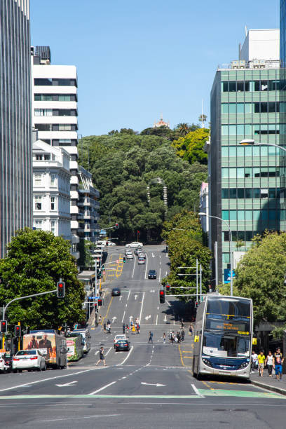 New Zealand: Auckland Traffic moves along Victoria Street West near Albert Park in central Auckland. albert park photos stock pictures, royalty-free photos & images